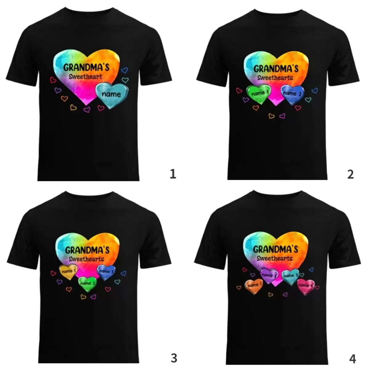 Colorful Heart Print Grandma Auntie Mom, Sweet Heart Kids' Names Personalized T-shirt