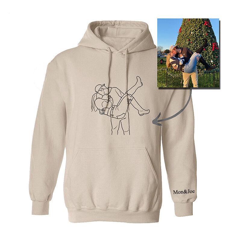 Personalized Hoodie Custom Embroidered Couple Photo Line Drawing Design Great Gift for Lovers