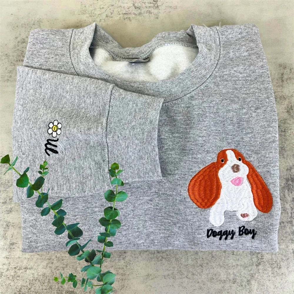 Personalized Pet Photo Embroidered Sweatshirt, Custom Pet Face And Name Sweatshirt, Pet Cartoon Sweatshirt, Gift For Pet Lovers