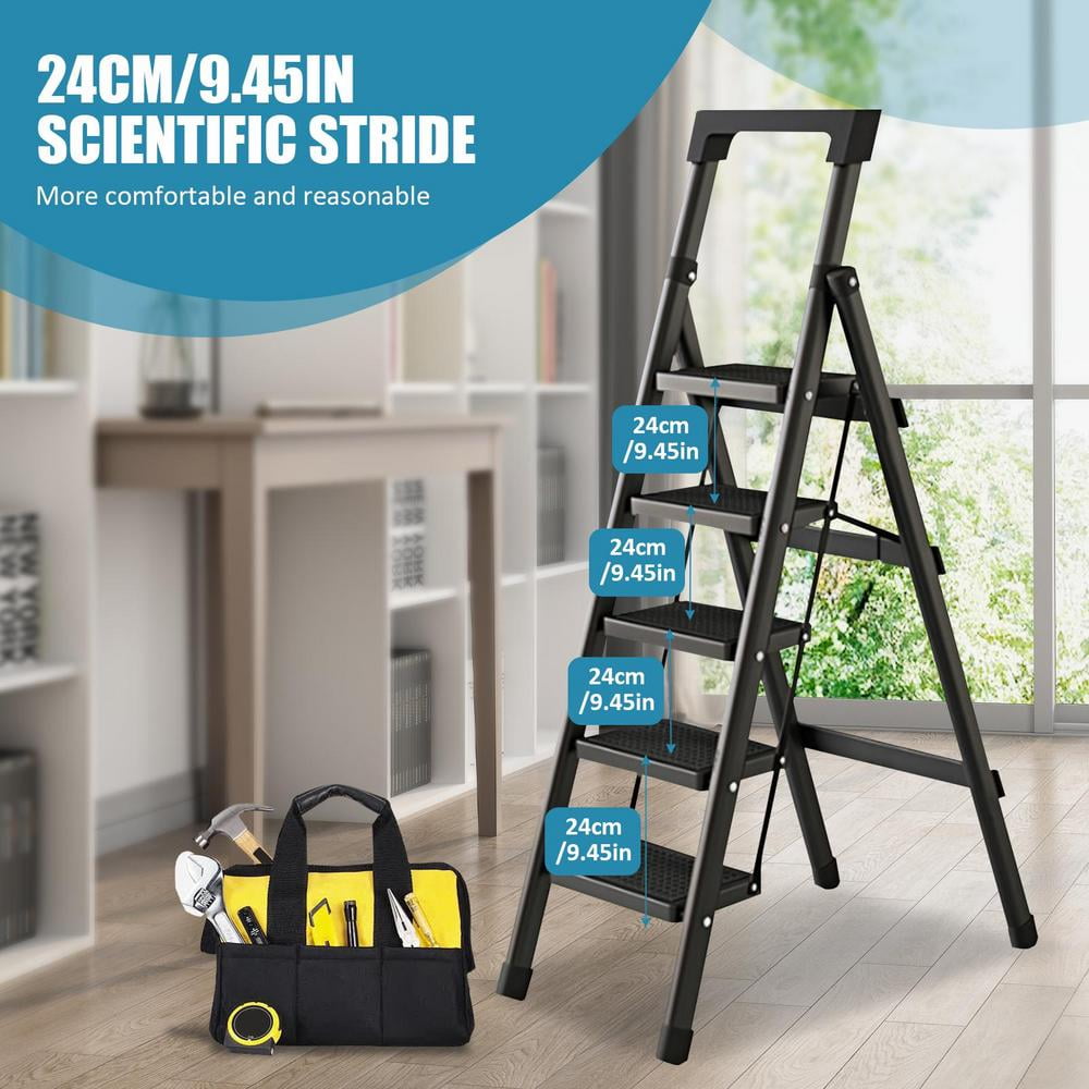 WZTO Folding Step Stool Foldable Metal 5 Step Ladder Black Portable Step Stool Space Saving Ladder for Kitchen Garage remarkable