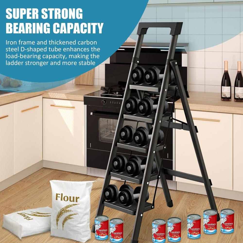 WZTO Metal Step Ladder Multifunctional Foldable 5 Step Ladder Black Portable Step Stool Space Saving Ladder for Kitchen Garage like minded