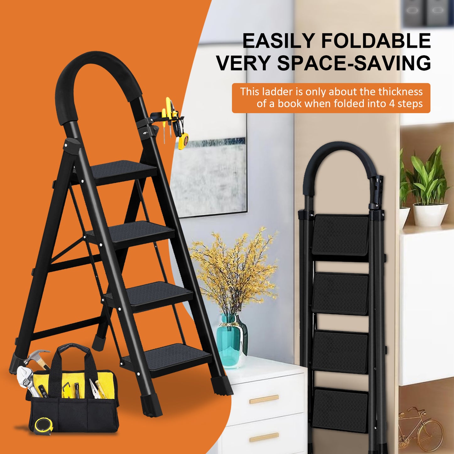 WZTO Folding Step Ladder 4 Steps Sturdy Iron Frame Foldable Step Ladder Heavy Duty Anti Slip Triangular Structure Stool Ladder with Soft Rubber Bottom for Home Kitchen Garden Library amicably